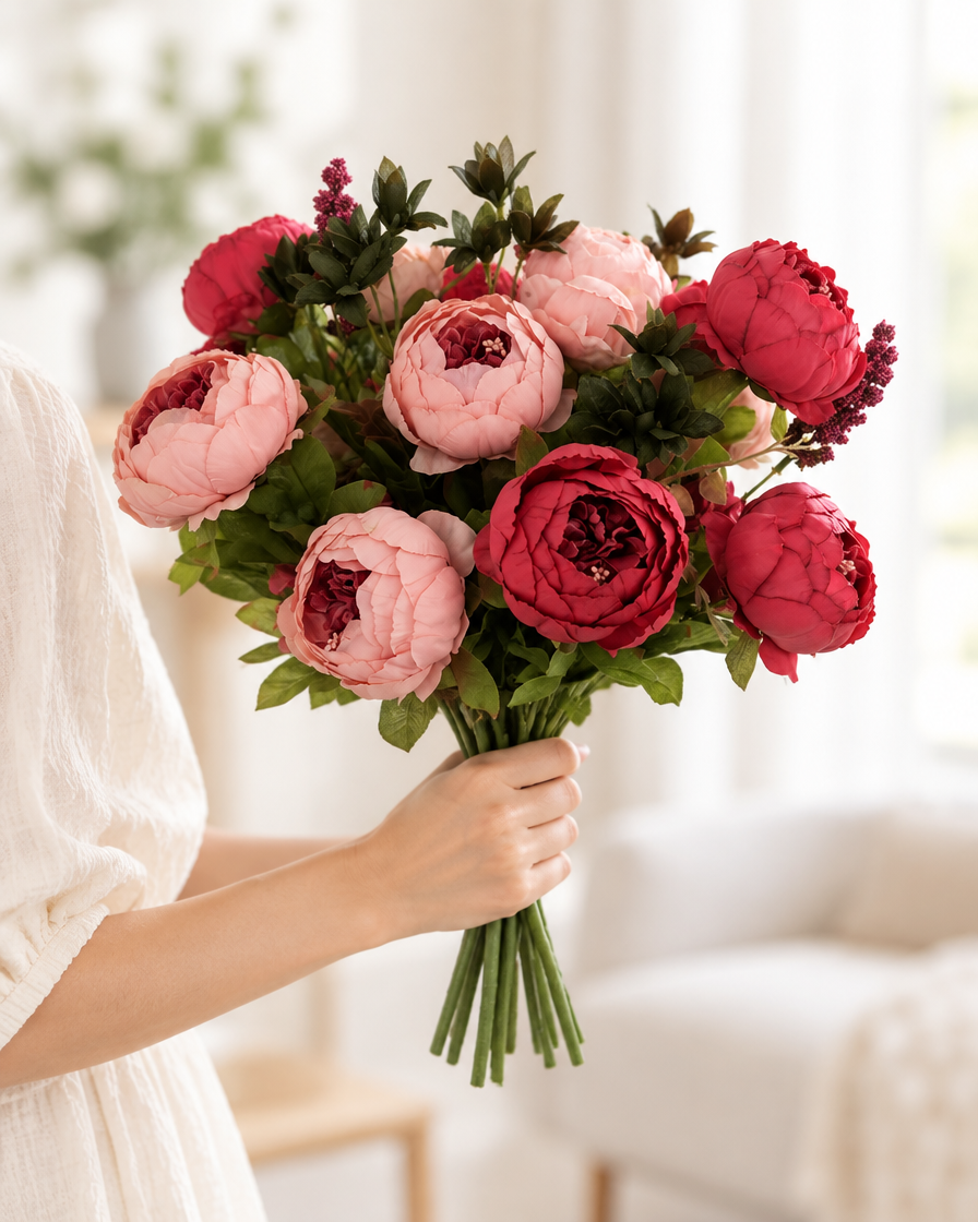 Dusty Rose & Red Artificial Peony Bouquet held in a hand