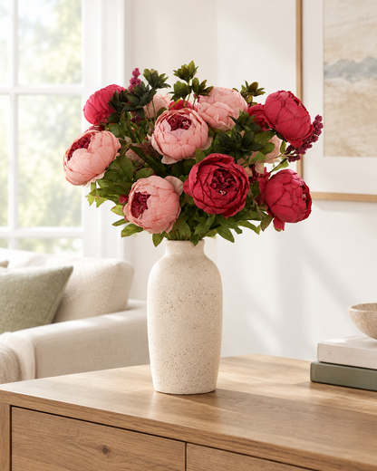 Dusty Rose & Red Artificial Peony Bouquet styled in a ceramic vase on a console table (vase sold separately)