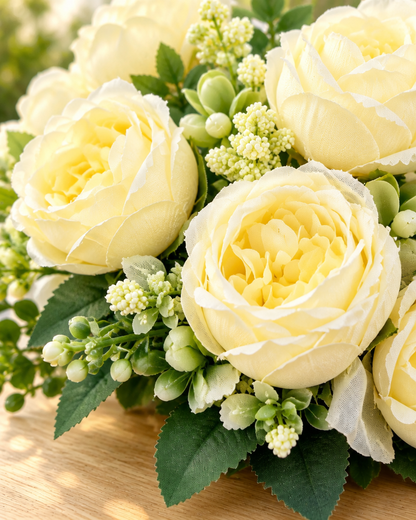 Close-up detail of the cream yellow artificial peony bouquet on an oak table