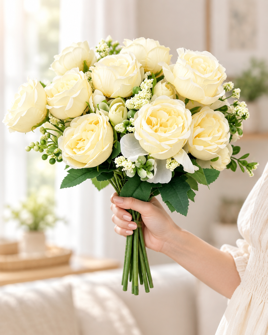 Cream Yellow Artificial Peony Bouquet held in a hand