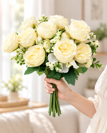 Cream Yellow Artificial Peony Bouquet held in a hand