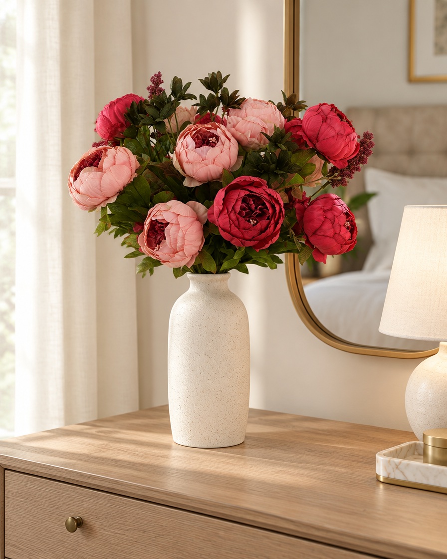 Dusty Rose & Red Artificial Peony Bouquet styled in a ceramic vase on a dresser (vase sold separately)