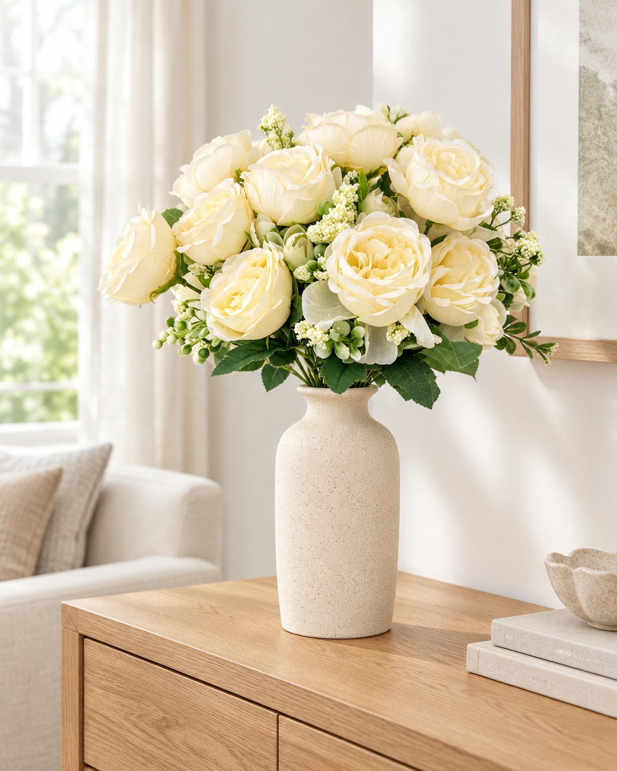 Cream Yellow Artificial Peony Bouquet styled in a ceramic vase on a console table (vase sold separately)