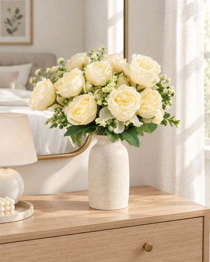 Cream Yellow Artificial Peony Bouquet styled in a ceramic vase on a dresser (vase sold separately)