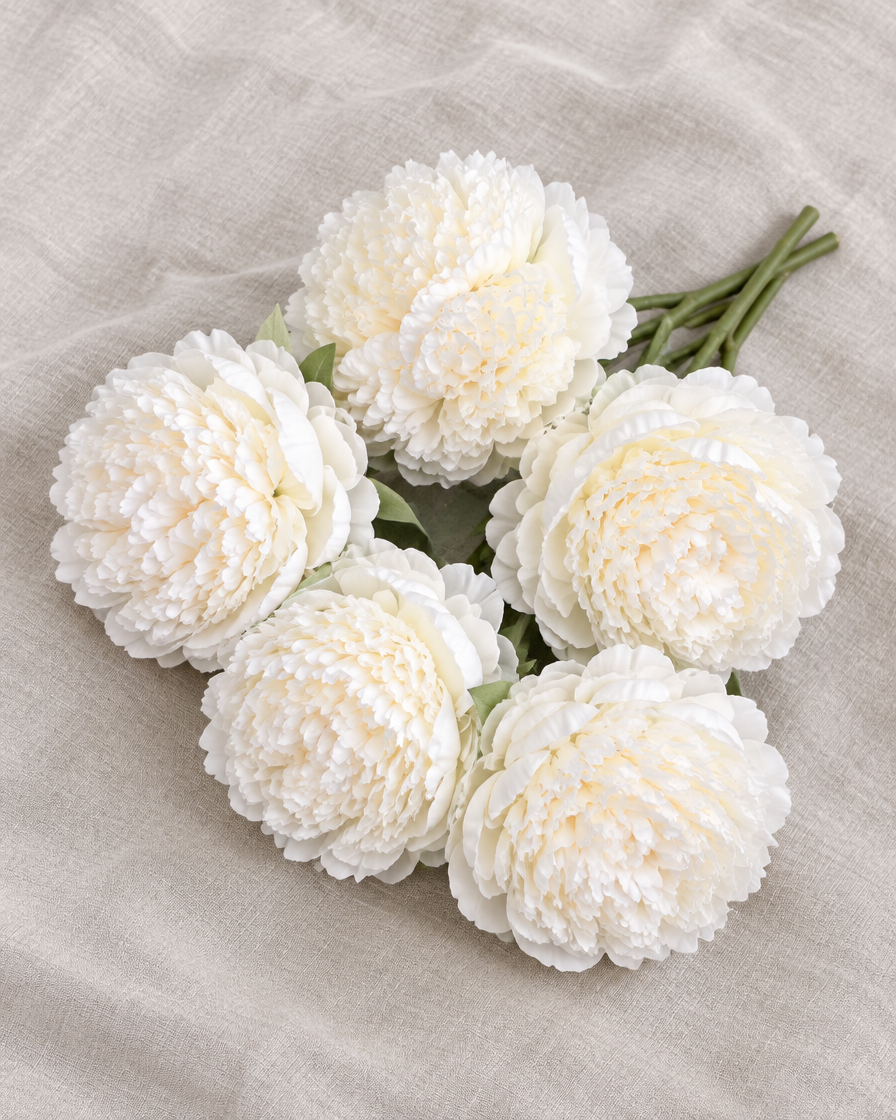 Milk White Artificial Peony Bunch, shown alone on a linen background