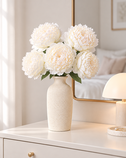 Milk White Artificial Peony Bunch styled in a ceramic vase on a dresser (vase sold separately)