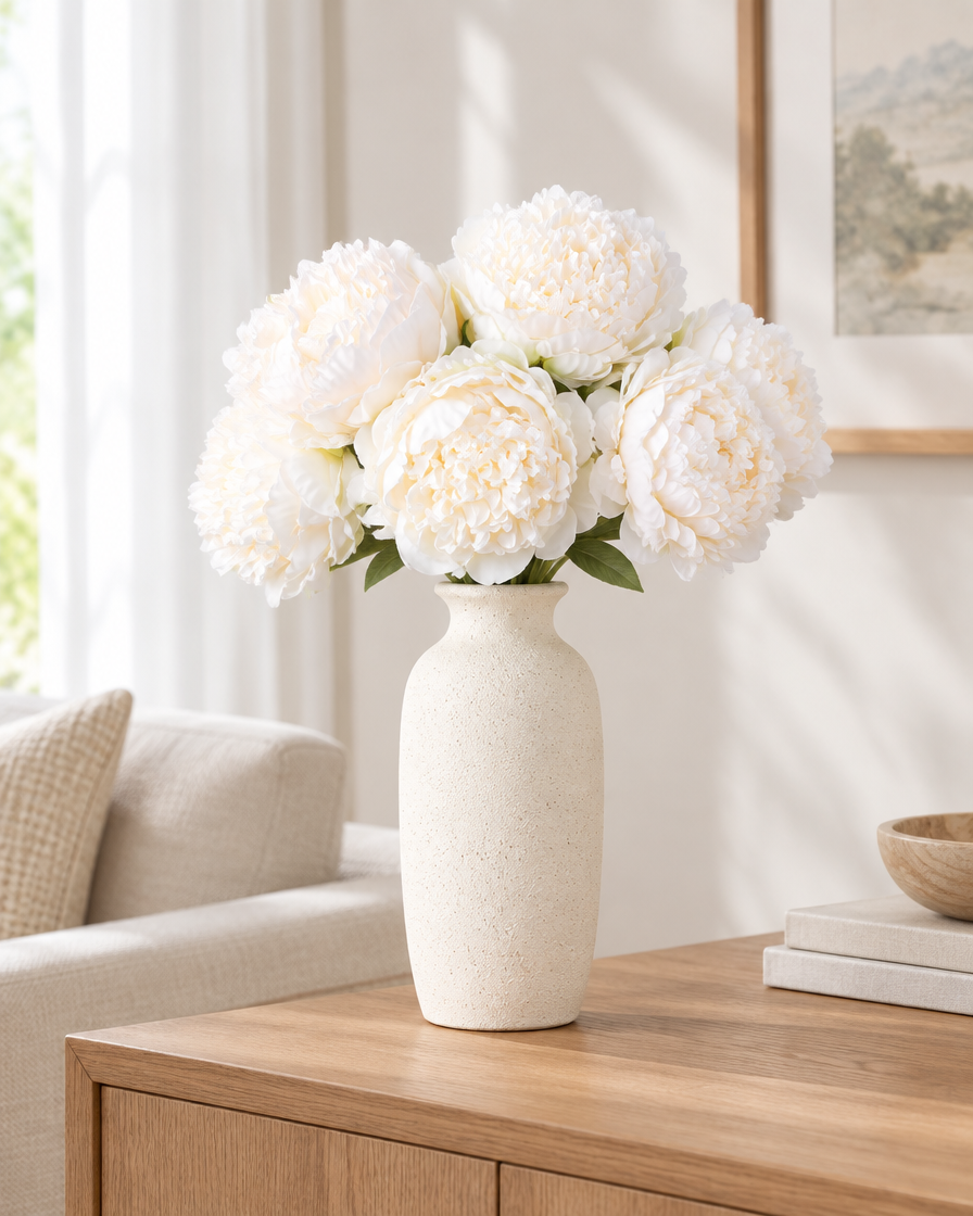Milk White Artificial Peony Bunch styled in a ceramic vase on a console table (vase sold separately)