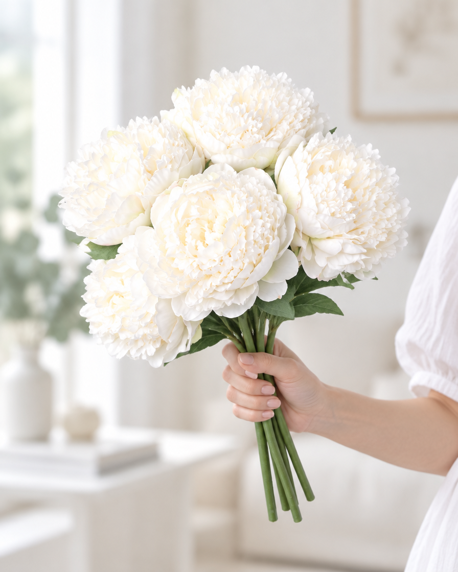 Milk White Artificial Peony Bunch held in a hand