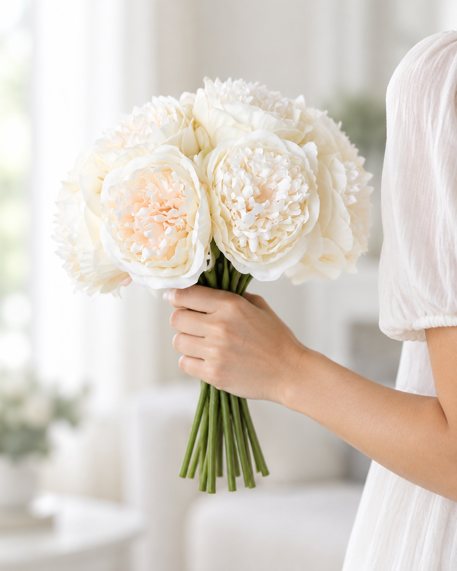 Ivory White Artificial Peony Bunch held in a hand