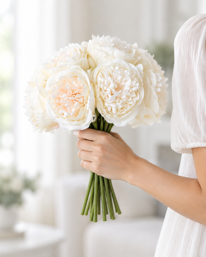 Ivory White Artificial Peony Bunch held in a hand