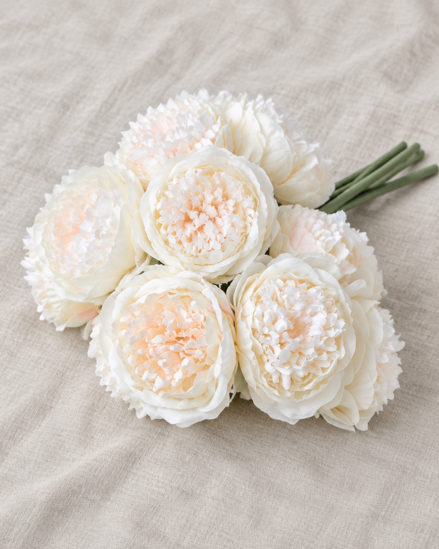 Ivory White Artificial Peony Bunch, shown alone on a linen background