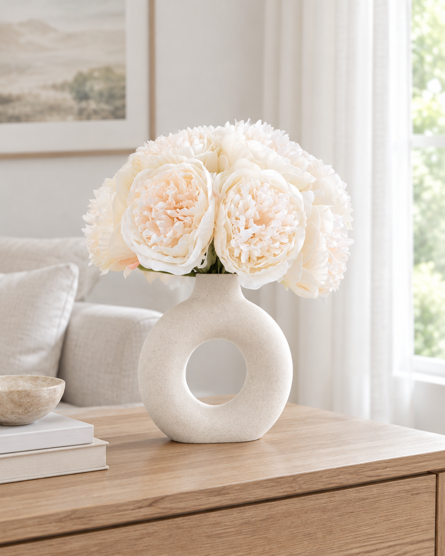 Ivory White Artificial Peony Bunch styled in a ceramic vase on a console table (vase sold separately)