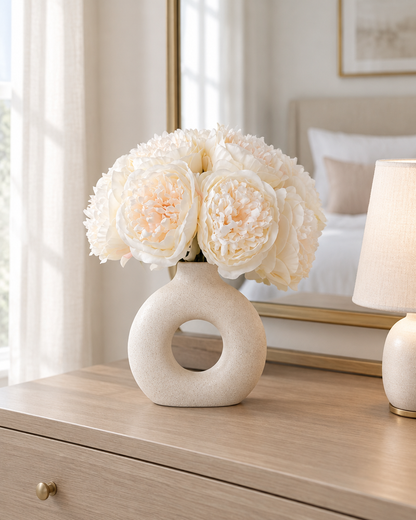 Ivory White Artificial Peony Bunch styled in a ceramic vase on a dresser (vase sold separately)