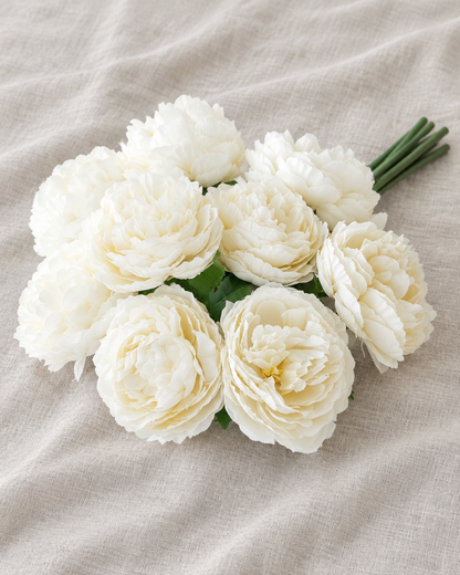 Ivory Artificial Peony Bouquet, shown alone on a linen background