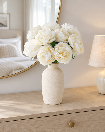 Ivory Artificial Peony Bouquet styled in a ceramic vase on a dresser (vase sold separately)