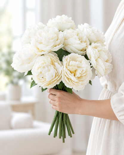 Ivory Artificial Peony Bouquet held in a hand