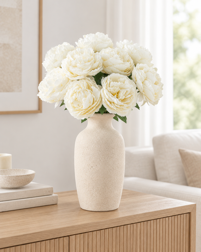 Ivory Artificial Peony Bouquet styled in a ceramic vase on a console table (vase sold separately)