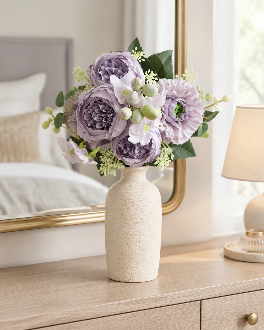 Dusty Purple Artificial Peony Bouquet styled in a ceramic vase on a dresser (vase sold separately)