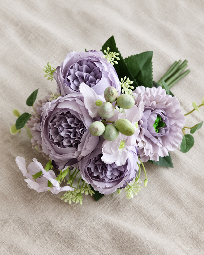 Dusty Purple Artificial Peony Bouquet, shown alone on a linen background