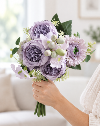 Dusty Purple Artificial Peony Bouquet held in a hand