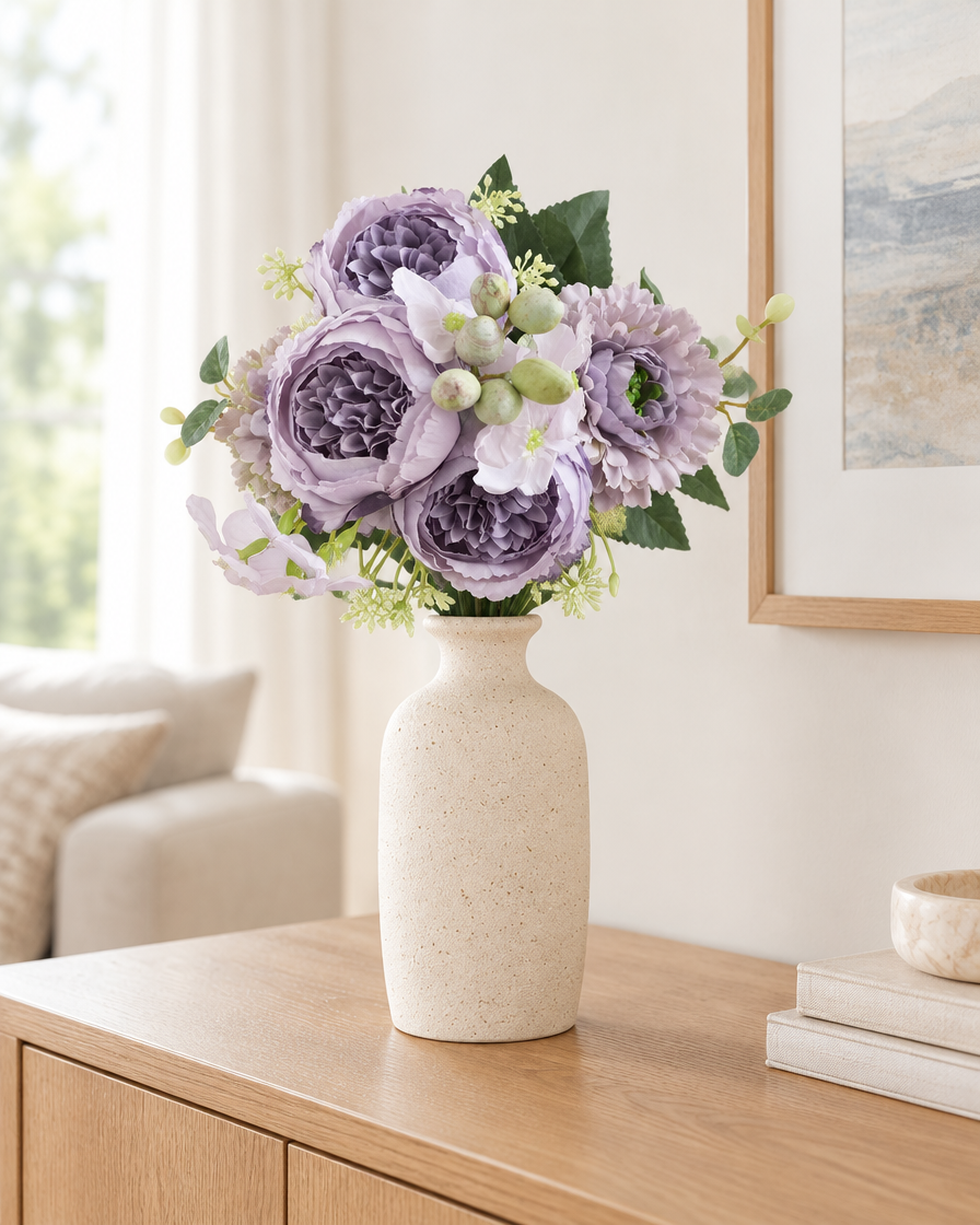 Dusty Purple Artificial Peony Bouquet styled in a ceramic vase on a console table (vase sold separately)