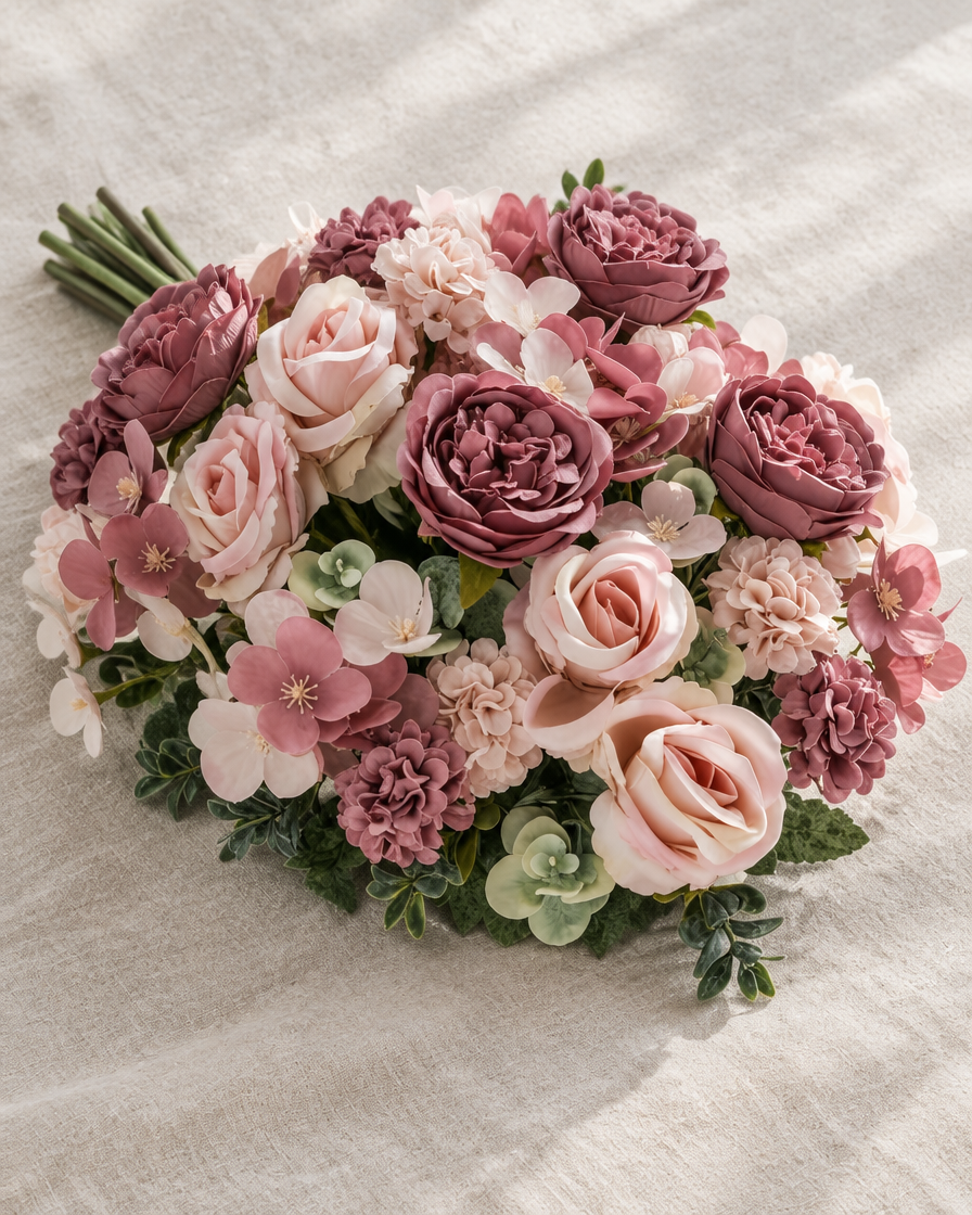 Mauve and Blush Artificial Rose & Peony Bouquet, shown alone on a linen background