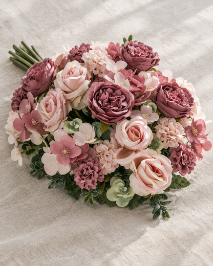 Mauve and Blush Artificial Rose & Peony Bouquet, shown alone on a linen background