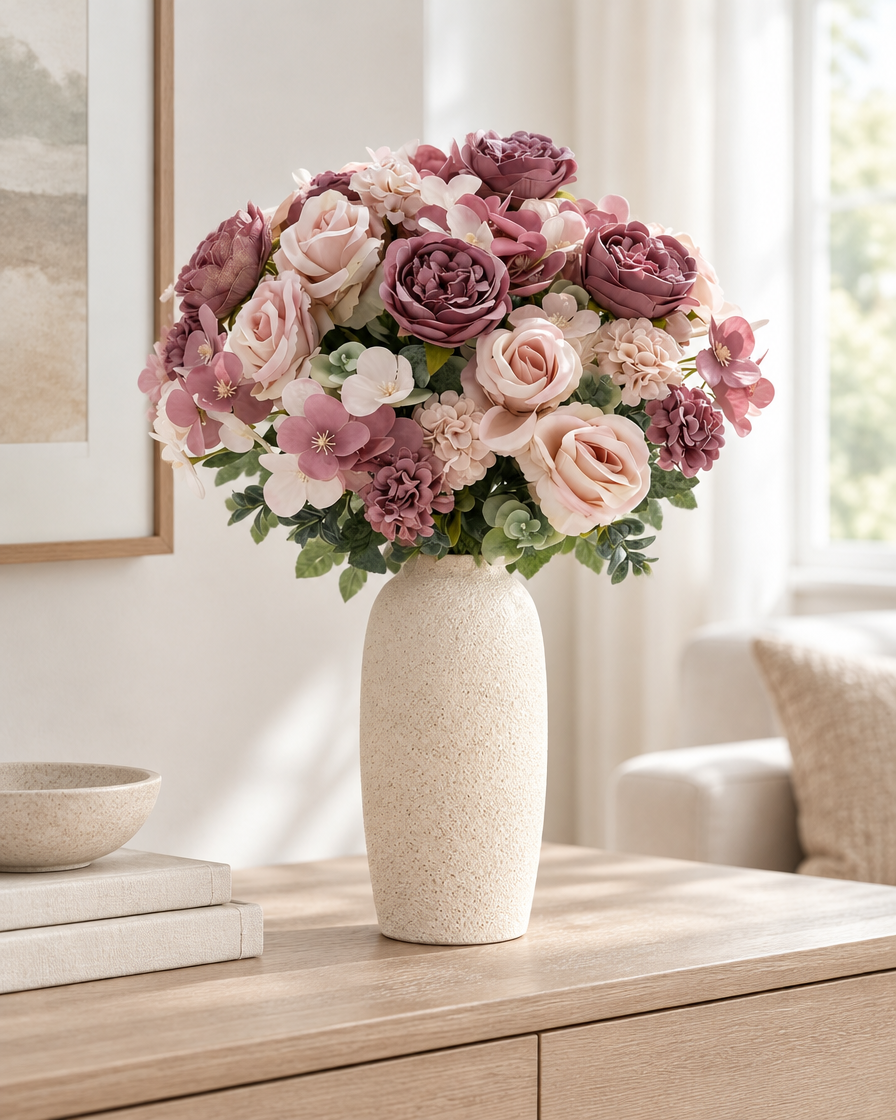 Mauve and Blush Artificial Rose & Peony Bouquet styled in a ceramic vase on a console table (vase sold separately)
