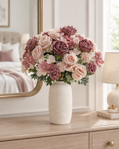 Mauve and Blush Artificial Rose & Peony Bouquet styled in a ceramic vase on a dresser (vase sold separately)