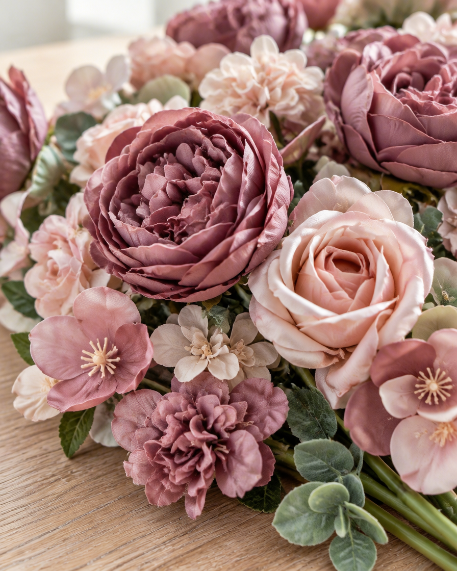 Close-up detail of the mauve and blush artificial rose & peony bouquet on an oak table