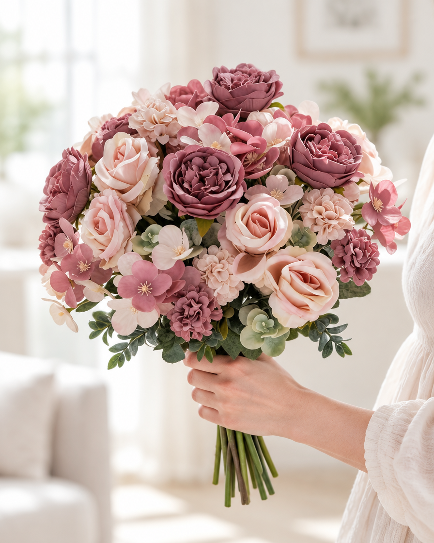 Mauve and Blush Artificial Rose & Peony Bouquet held in a hand
