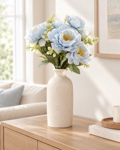 Light Blue Artificial Peony Bunch styled in a ceramic vase on a console table (vase sold separately)
