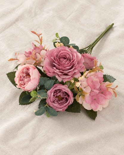 Dusty Pink Artificial Rose & Peony Bouquet, shown alone on a linen background