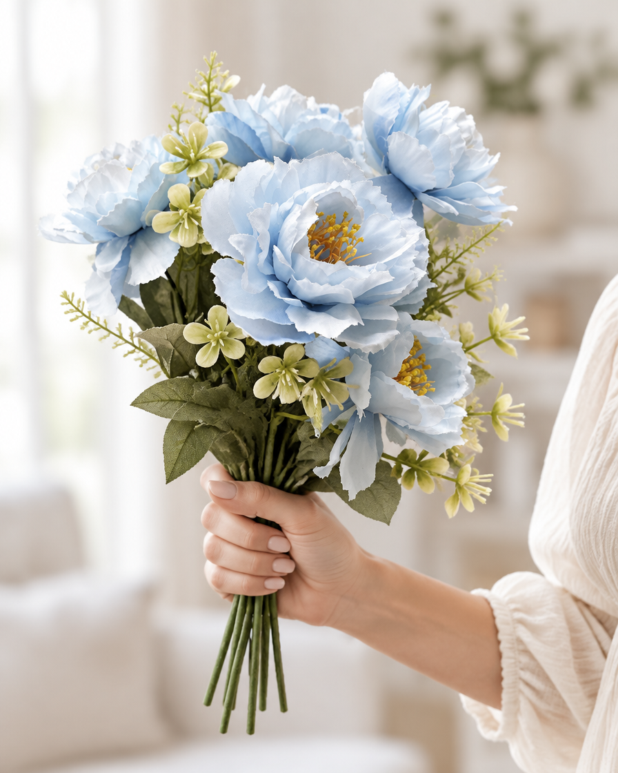 Light Blue Artificial Peony Bunch held in a hand