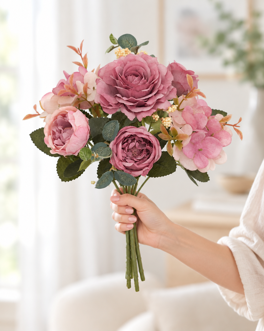 Dusty Pink Artificial Rose & Peony Bouquet held in a hand