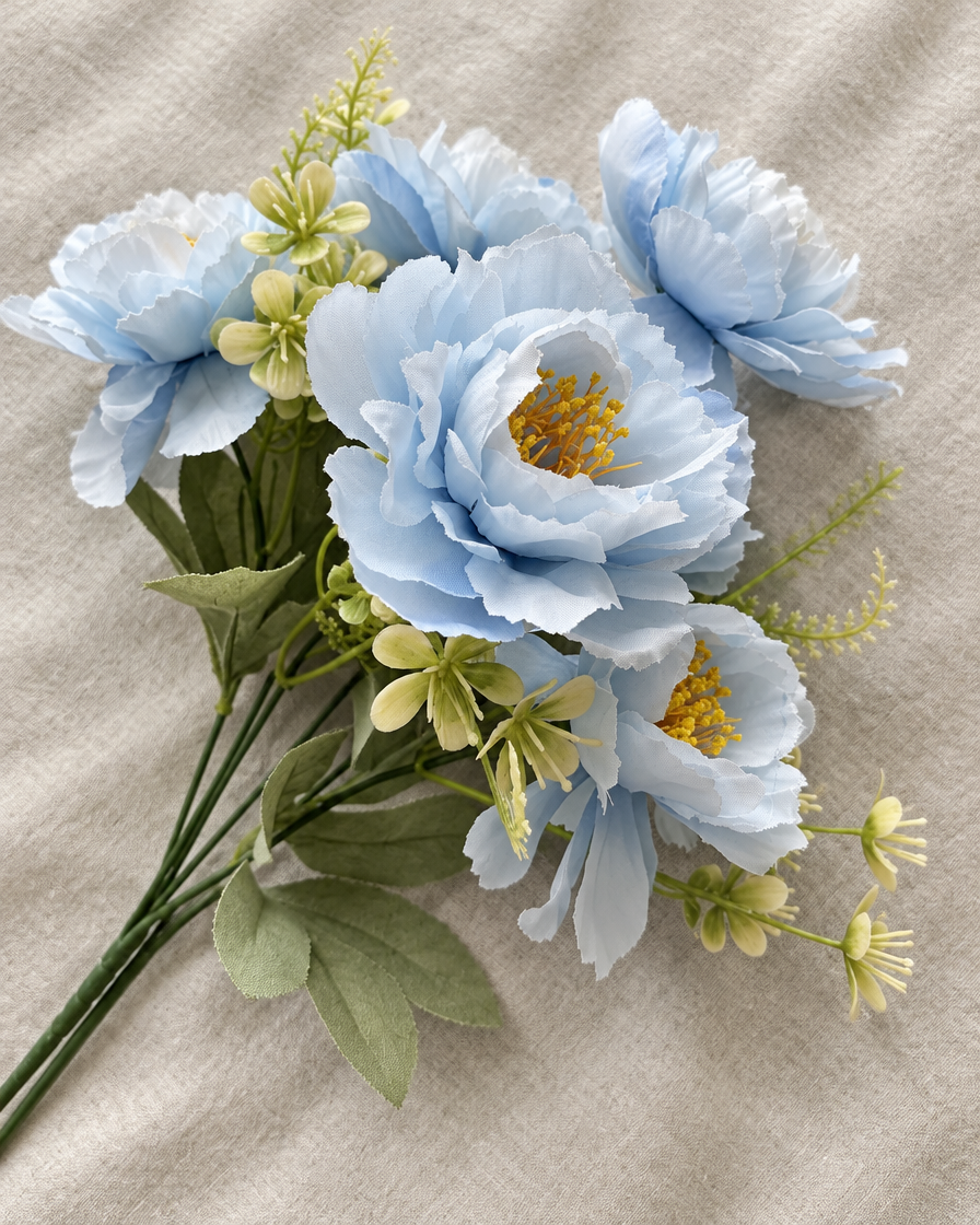 Light Blue Artificial Peony Bunch, shown alone on a linen background