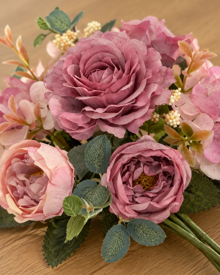 Close-up detail of the dusty pink artificial rose & peony bouquet on an oak table