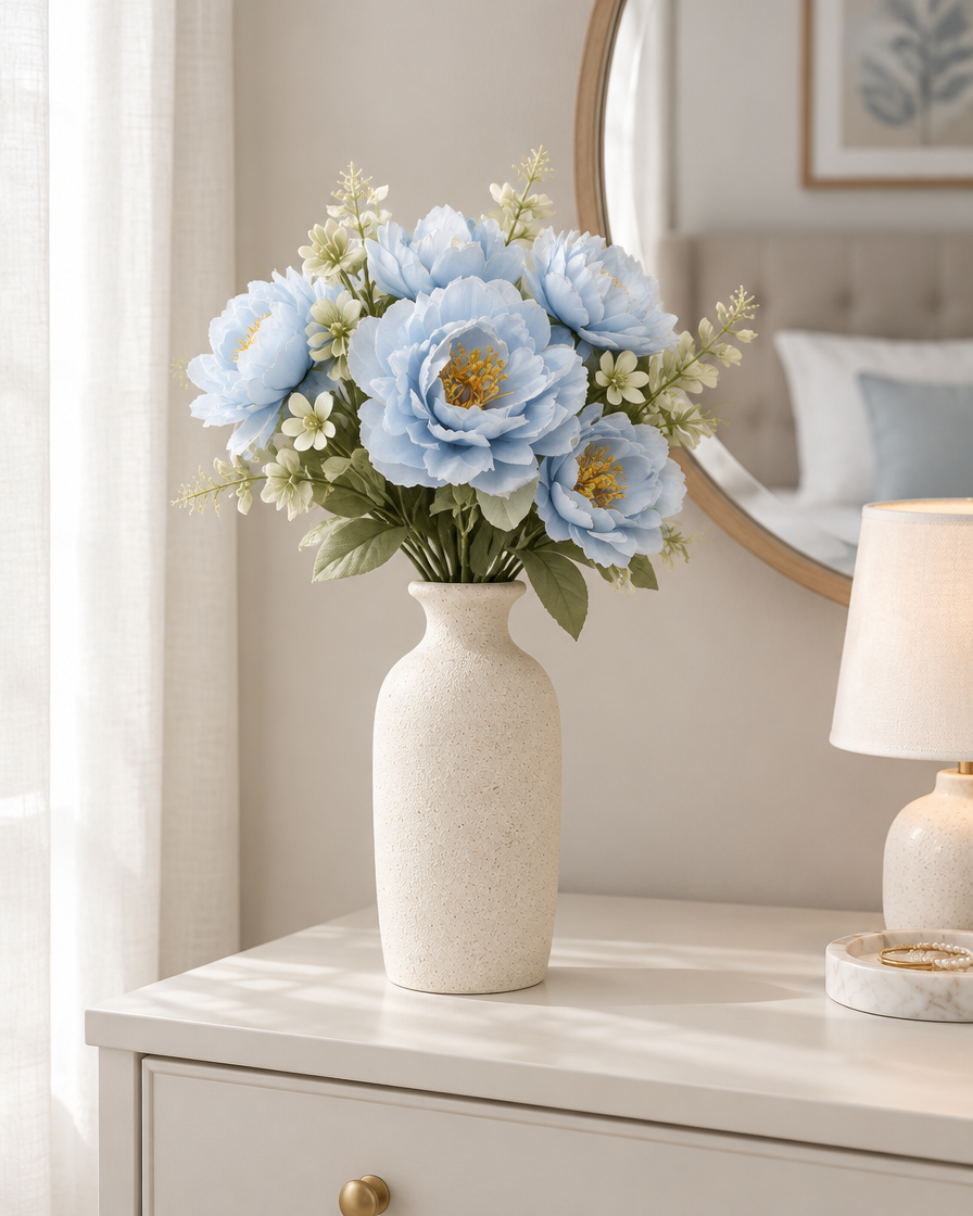 Light Blue Artificial Peony Bunch styled in a ceramic vase on a dresser (vase sold separately)
