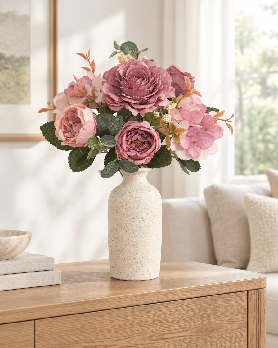 Dusty Pink Artificial Rose & Peony Bouquet styled in a ceramic vase on a console table (vase sold separately)