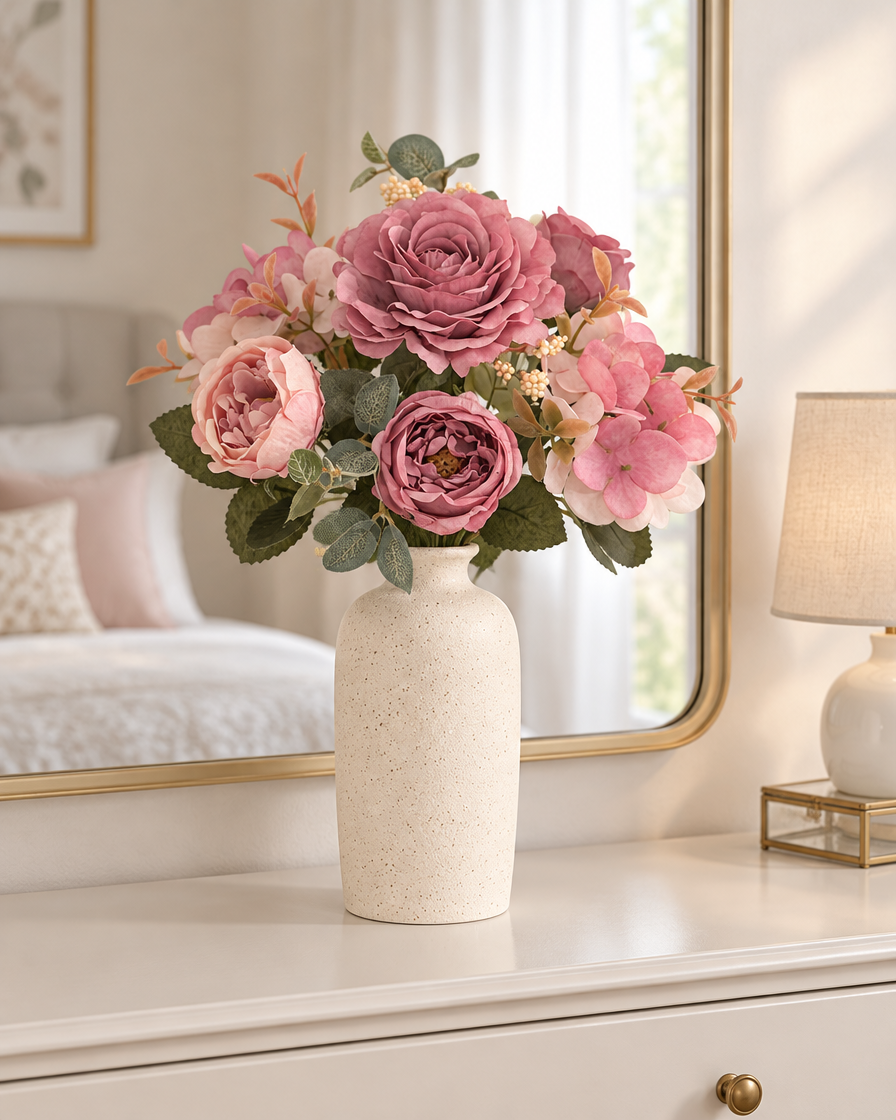 Dusty Pink Artificial Rose & Peony Bouquet styled in a ceramic vase on a dresser (vase sold separately)