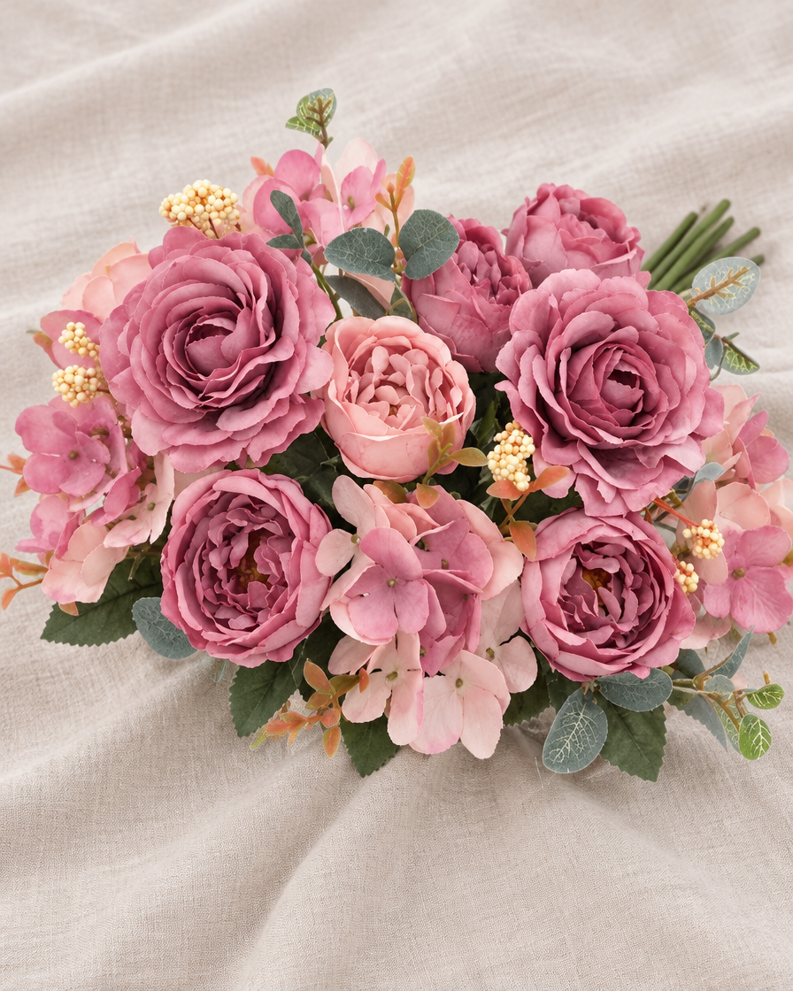 Dusty Rose Artificial Peony & Hydrangea Bouquet, shown alone on a linen background