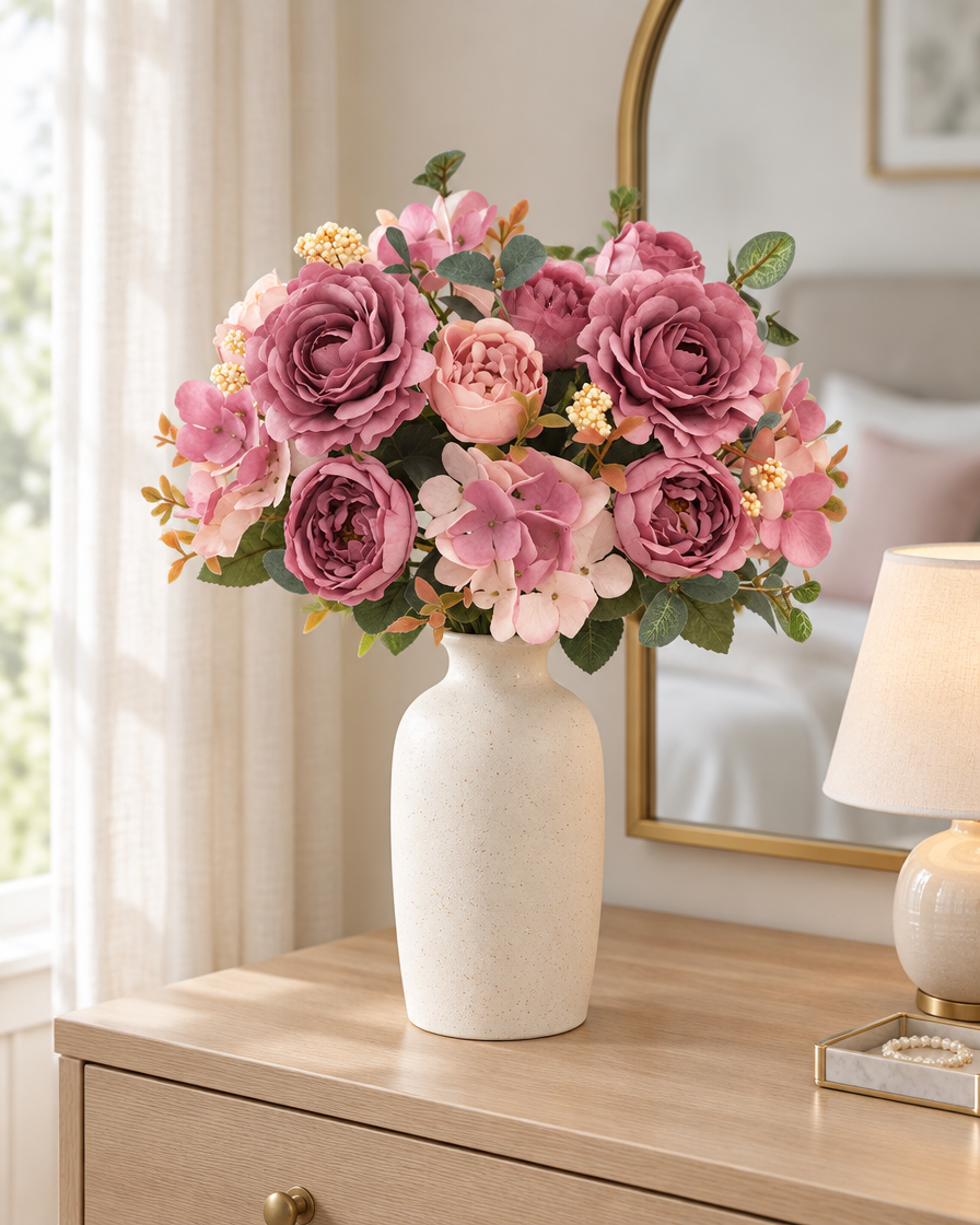 Dusty Rose Artificial Peony & Hydrangea Bouquet styled in a ceramic vase on a dresser (vase sold separately)
