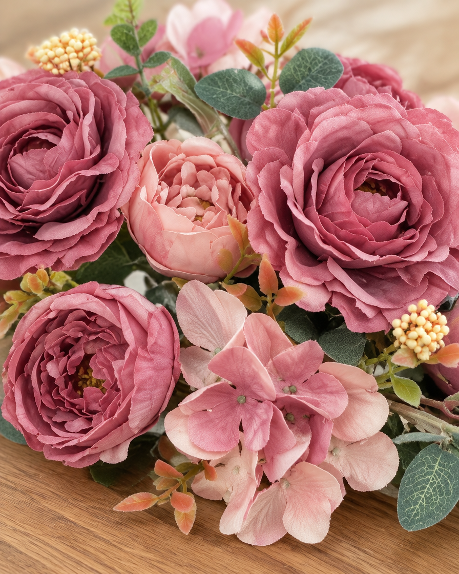 Close-up detail of the dusty rose artificial peony & hydrangea bouquet on an oak table