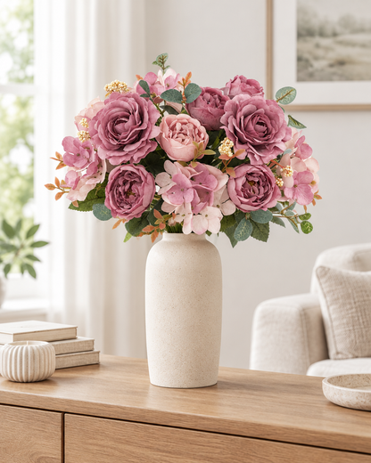 Dusty Rose Artificial Peony & Hydrangea Bouquet styled in a ceramic vase on a console table (vase sold separately)