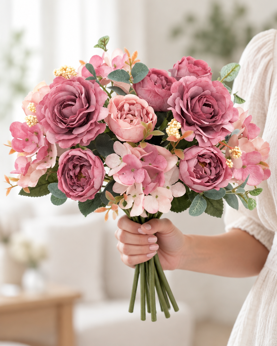 Dusty Rose Artificial Peony & Hydrangea Bouquet held in a hand
