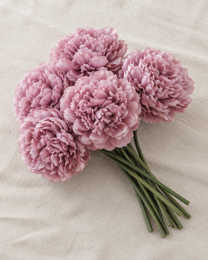 Dusty Mauve Artificial Peony Bunch, shown alone on a linen background