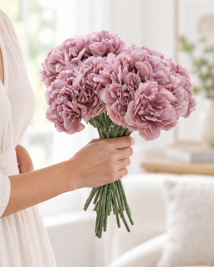 Dusty Mauve Artificial Peony Bunch held in a hand