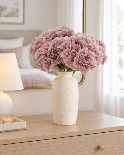 Dusty Mauve Artificial Peony Bunch styled in a ceramic vase on a dresser (vase sold separately)