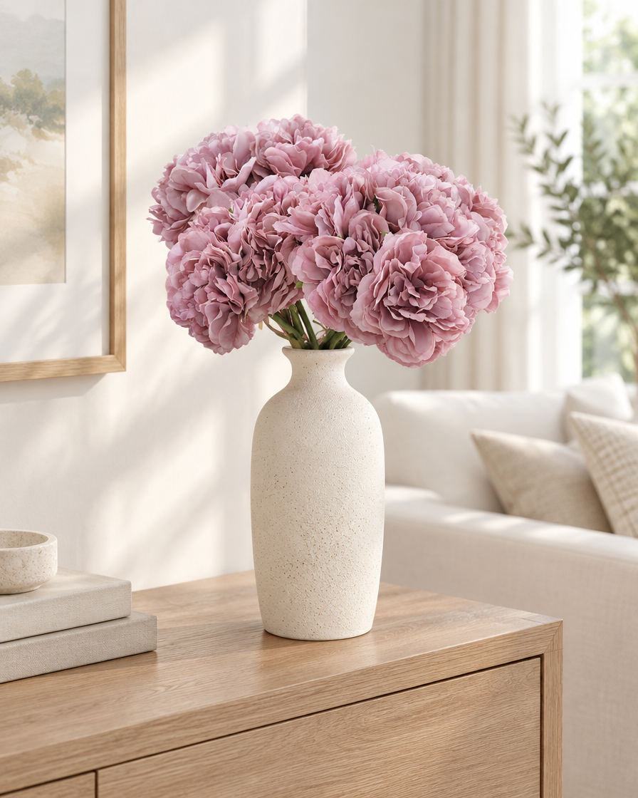 Dusty Mauve Artificial Peony Bunch styled in a ceramic vase on a console table (vase sold separately)