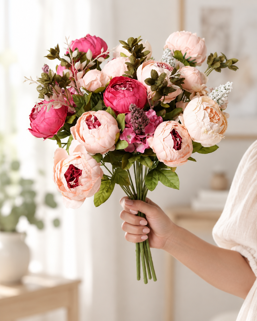 Blush & Rose Pink Artificial Peony Bouquet held in a hand